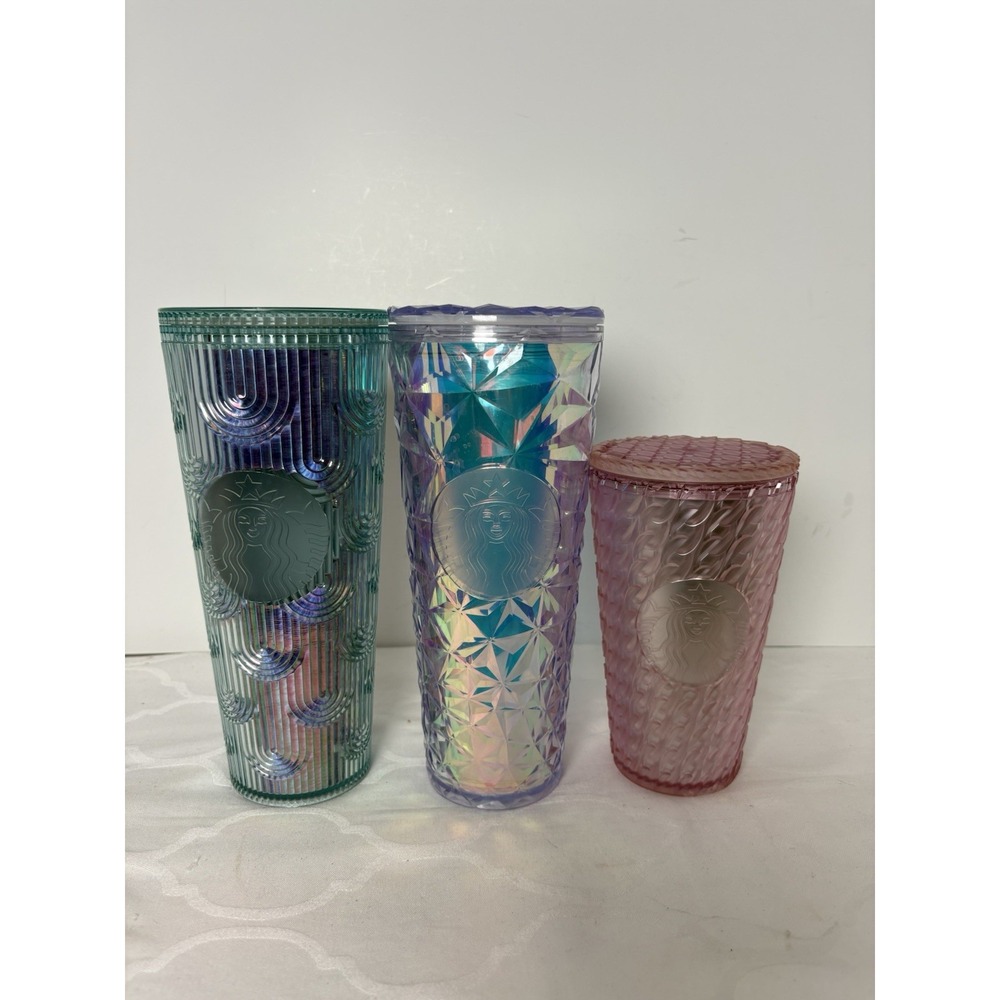 3 Lot Starbucks Lidded Tumbler Cups Iridescent Mermaid Pink 24oz 16oz No Straws